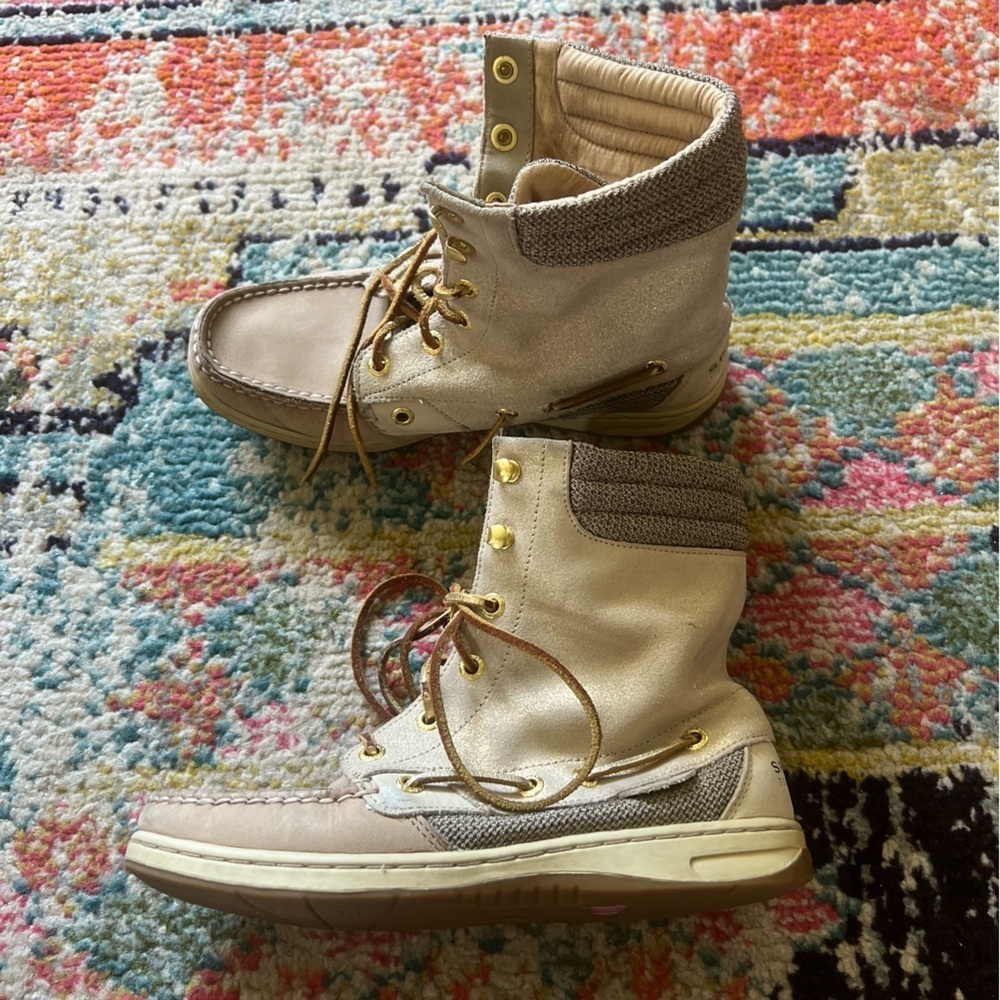 Sperry Top-Sider Hikerfish Lace-Up Leather Ankle Boots size 6.5 Tan Gold Shimmer